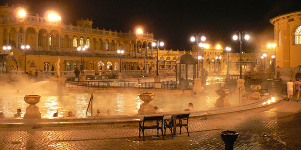 Bathers take an evening soak at Budapest's Szechenyi baths. Photo / Creative Commons image by Wikimedia user Neef-2