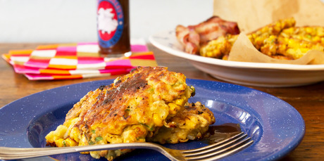 Corn and pumpkin seed fritters with bacon. Photo / Kellie Blizard