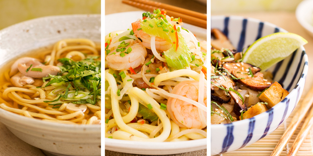 Be bowled over by: Chicken soba noodles with ginger, garlic broth; stir-fried hokkien noodles with chilli prawns; rice noodles with shitake, fried tofu, sesame and soy. Photo / Babiche Martens