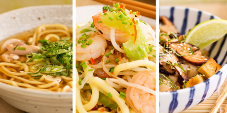 Be bowled over by: Chicken soba noodles with ginger, garlic broth; stir-fried hokkien noodles with chilli prawns; rice noodles with shitake, fried tofu, sesame and soy. Photo / Babiche Martens