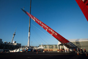 Team New Zealand wheeled their AC72 catamaran out of the shed the first time this morning and attached their wingsail which is bigger than the wing of a Boeing 747. Photo / Chris Cameron / ETNZ.