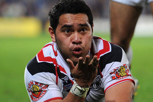 It seems a little incongruous that often after a display of such brute force and aggression Konrad Hurrell blows a kiss, but he has a very good reason for doing it. Photo / Getty Images.