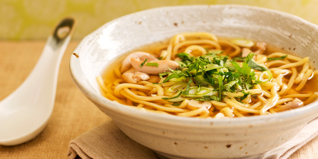 Soba noodles, ginger and garlic broth, chicken and coriander. Photo / Babiche Martens