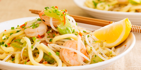 Stir-fried hokkien noodles with chilli prawns and lemongrass. Photo / Babiche Martens