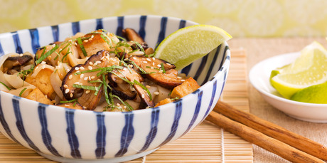 Rice noodles, shitake, fried tofu, sesame and soy. Photo / Babiche Martens