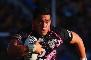 Konrad Hurrell in action for the Warriors earlier this month. Photo / Getty Images