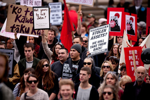 Thousands of protesters marched in Queen St on Saturday against the Government's push to sell state-owned assets. Photo / Dean Purcell