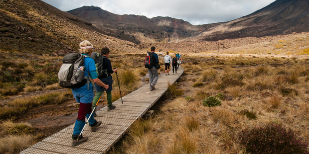 Hiking with Project Tongariro's high-tech Tongariro Alpine Crossing experience where volunteers have installed QR codes for signage and wayfinding at high altitudes. Photo / Fraser Crichton