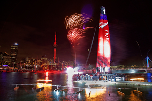 Fireworks during the launch of Team NZ's new boat at the Viaduct Harbour last night. Photo / Neville Marriner