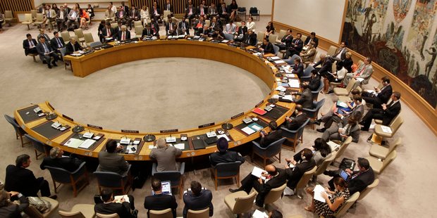 Members of the United Nations Security Council listen to Syria's U.N. Ambassador Bashar Ja'afari during a Security Council meeting on the situation in Syria. Photo / AP