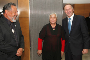 Prime Minister John Key greeting Maori Party co-leaders Pita Sharples and Tariana Turia before their coalition talks at the Beehive, Wellington. Photo / Mark Mitchell