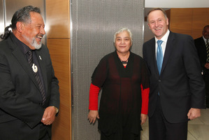Prime Minister John Key greeting Maori Party co-leaders Pita Sharples and Tariana Turia. Photo / Mark Mitchell.
