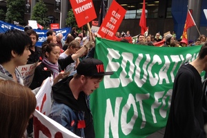 Protesters gather outside Auckland's SkyCity Convention Centre. Photo / Tim Raethel