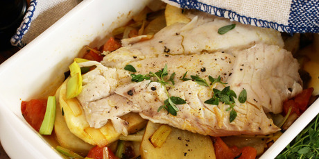 Baked fish on winter vegetables. Photo / Janna Dixon