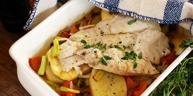 Baked fish on winter vegetables. Photo / Janna Dixon