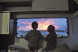Motek's new Oxford 5 caravan was a great way to travel with the whole family to Clarks Beach in comfort and style. Photo / Supplied