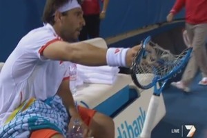 Marcos Baghdatis broke four racquets before losing to Stanislas Wawrinka. Photo / YouTube