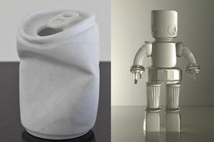 A marble sculpture of a crushed can and a glass robot sculpture are two pieces of art to vanish from Auckland art galleries in recent week. Photo / supplied