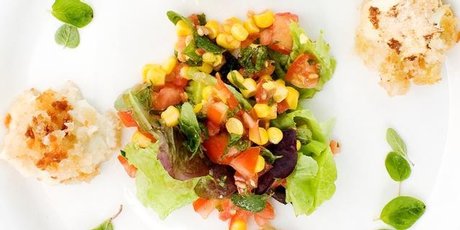 Fried bocconcini with corn salsa. Photo / Babiche Martens
