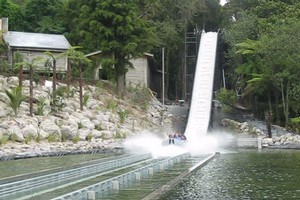 Some of the first children to experience Rainbow Springs' new ride make a splash after plunging down the 12-metre drop at its conclusion. Photo / Eveline Harvey