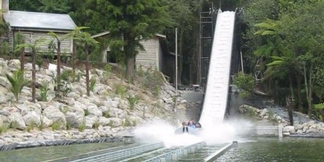 Some of the first children to experience Rainbow Springs' new ride make a splash after plunging down the 12-metre drop at its conclusion. Photo / Eveline Harvey