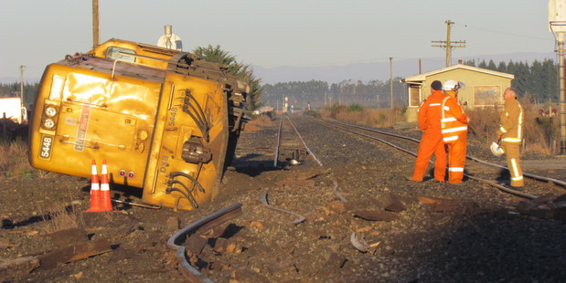 The driver of this train escaped unharmed after a dramatic accident this morning. Photo / Ashburton Guardian