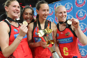 Waikato/Bay of Plenty Magic, from left, Casey Williams, Julianna Naoupu, Elias Shadrock, Laura Langman celebrate their win. Photo / Mark McKeown/Musae Studios