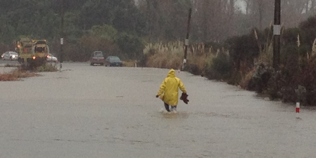 A man wades in flood conditions on the Waihi Beach Road off State Highway 2 today. Photo / Alan Gibson
