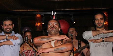 Hiwirori Maynard, centre, performs with Te Mana and a couple of visitors at the JW Marriott Hotel in Dubai. Photo / Supplied