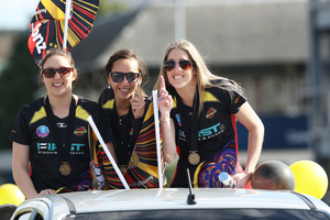 Khao Watts, Elias Shadrock and Jess Tuki of the Magic during the parade in Tauranga today. Photo / CHristine Cornege