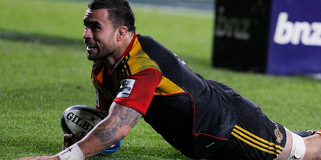 Chiefs' flanker Liam Messam scores against the Crusaders in last night's semifinal in Hamilton. Picture / Christine Cornege