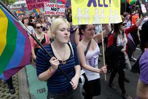 Legalise Love protesters, calling for gay marriage and adoption to be legalised, march in Wellington. Photo / Mark Mitchell