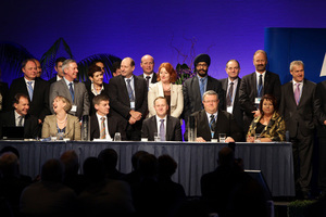 The party's MPs join Prime Minister John Key on stage at the National Party conference. Photo / Michael Craig