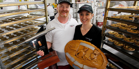 Shane and Kathy Kearns from Viands Bakery in Kihikihi took Supreme Pie awards tonight at the Auckland competition for their gingered peach and pear pie. File photo / Christine Cornege