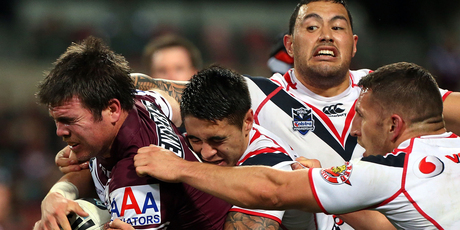 Jamie Lyon of the Sea Eagles pushes forward during the round 21 NRL match between the Manly Warringah Sea Eagles and the Warriors. Photo / Getty Images.