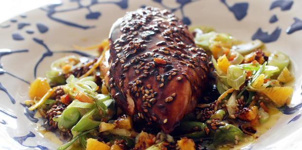 Sesame chicken with soy, honey, orange and ginger. Photo / Doug Sherring