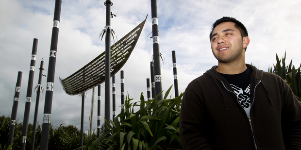 Jeremy Leatinu'u in front of the David Lange memorial in Otahuhu. Photo / Richard Robinson