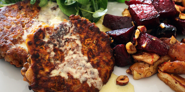 Lentil fritters with roast beetroot and hot Camembert cream. Photo / Doug Sherring