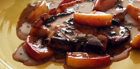 Pork chop with Cox’s apple, sage and cream sauce. Photo / Doug Sherring