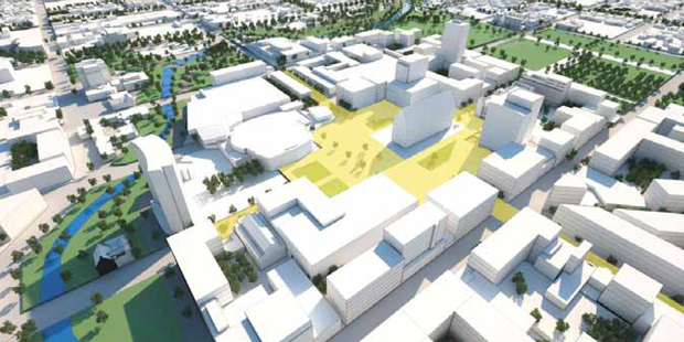 An artisits impression of the recovery building plans for Christchurch. Image / CERA