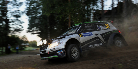 Paddon and Kennard fading light on Day One of Rally Finland. Photo / Honza Fronek