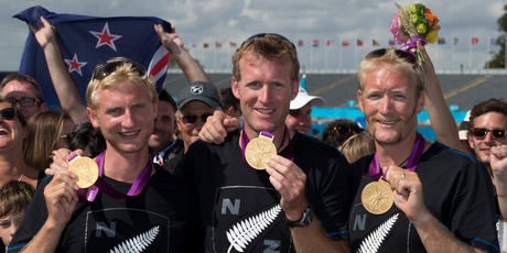 New Zealand rowing gold medallists Hamish Bond, Mahe Drysdale and Eric Murray. Photo / Brett Phibbs