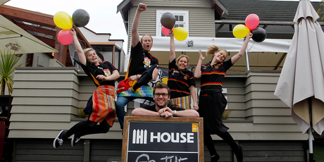 House Bar staff (from left) Rachael Foster, Joseph Baker-Ryan, Amanda Brown, Golde Holzapfel and Jacob Plasmeyer (in front) are excited about the final. Photo / Christine Cornege