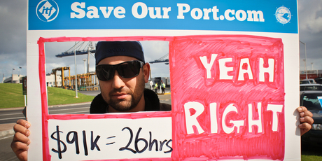 Cecil Walker, seen on the picket during the port strike, says he feels betrayed when he goes in to work now. Photo / Supplied, Flickr