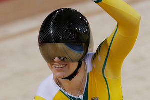 Australia's Kaarle McCulloch celebrates after winning the bronze medal in the track cycling women's team's sprint event. Photo / AP