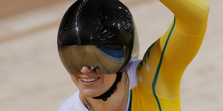 Australia's Kaarle McCulloch celebrates after winning the bronze medal in the track cycling women's team's sprint event. Photo / AP