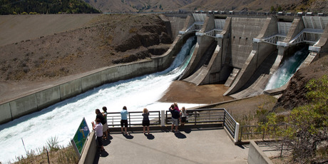 The Benmore Dam in the Waitaki Valley, one of Meridian Energy's power stations. Low water inflows have pushed the SOE to cut generation sharply in the past few months. Photograph by Simon Baker