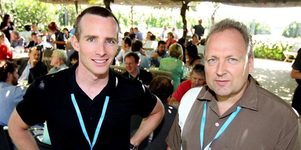 Pacific Fibre chairman Sam Morgan (left) and co-founder Rod Drury ... their company could not raise the money for its cable project. Photo / APN