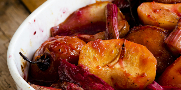 Roast winter fruit with port and spiced mascarpone. Photo / Babiche Martens