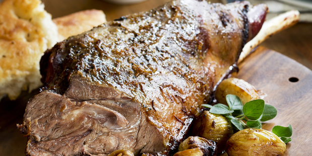 Roast goat leg with garlic and marjoram. Photo / Babiche Martens